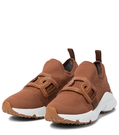 Shop Tod's Leather-trimmed Knit Sneakers In Brown