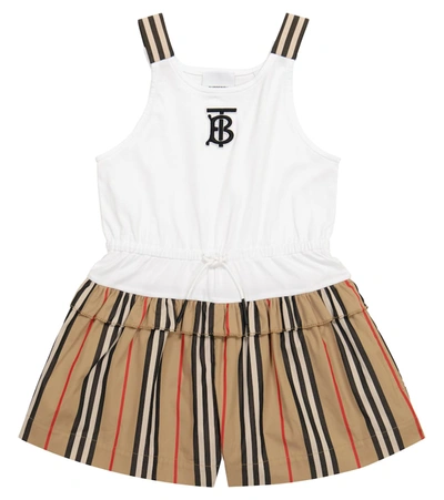 Shop Burberry Icon Stripe Cotton Playsuit In Beige