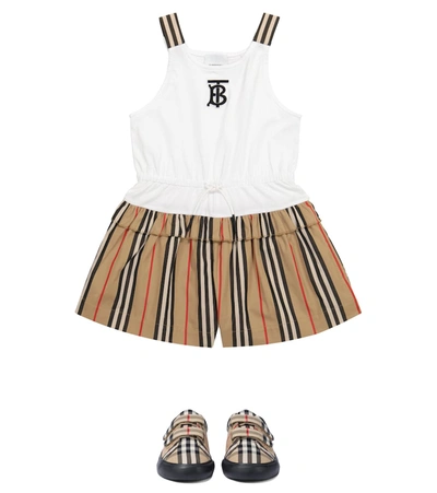 Shop Burberry Icon Stripe Cotton Playsuit In Beige