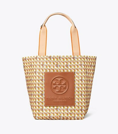 Tory Burch Basket Weave Printed Small Tote In Buttermilk