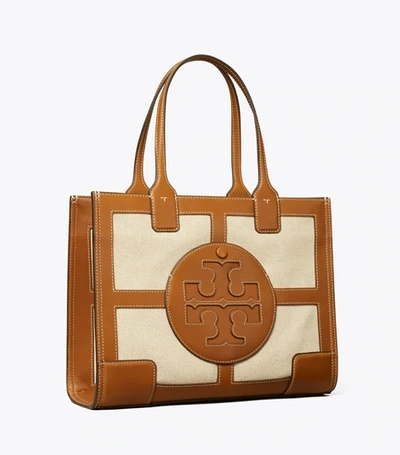 Shop Tory Burch Ella Canvas Quadrant Mini Tote Bag In Natural / Classic Cuoio