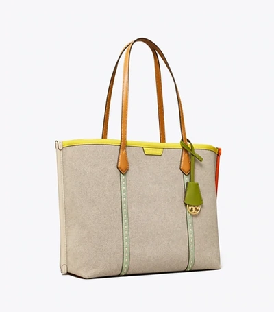 Shop Tory Burch Perry Canvas Triple-compartment Tote Bag In Natural / Tory Navy