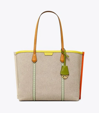 Shop Tory Burch Perry Canvas Triple-compartment Tote Bag In Natural / Tory Navy