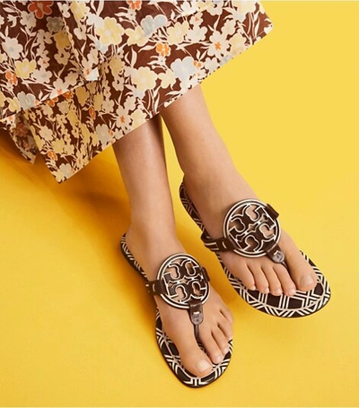 Shop Tory Burch Miller Metal-logo Sandal, Printed Leather In New Ivory / Meadow Mist