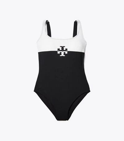 Shop Tory Burch Colorblocked Logo Tank Suit In Black / White