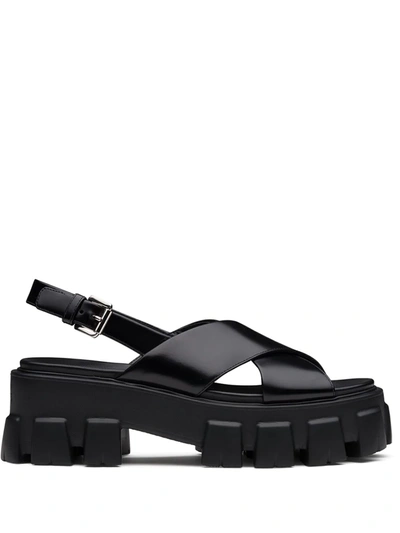 Shop Prada Monolith Brushed-finish Sandals In Black