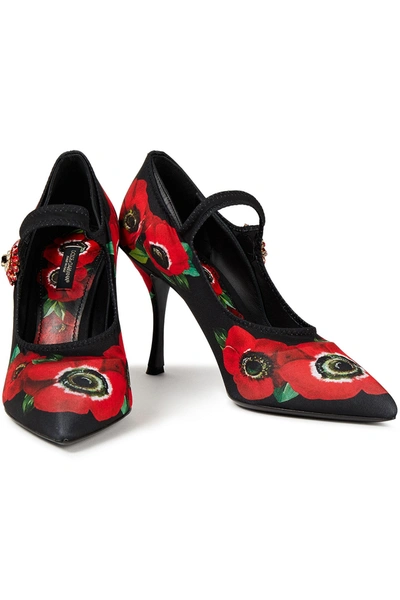 Shop Dolce & Gabbana Crystal-embellished Floral-print Stretch-jersey Mary Jane Pumps In Black