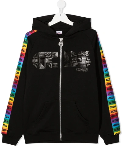 Shop Gcds Teen Rainbow-stripe Hoodie In Black