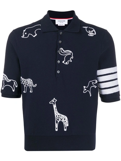 Shop Thom Browne Navy Animal Motif Polo In Blue