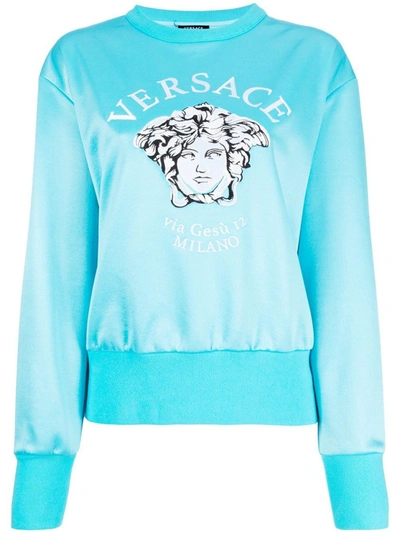 Shop Versace Light Blue Embroidered Medusa Crew Neck Sweatshirt