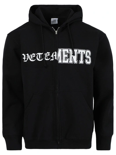 Shop Vetements Vertical Cut-up Logo Zip-up Hoodie In Black
