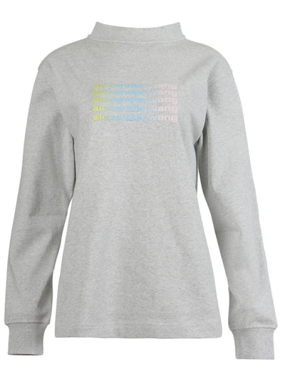 Shop Alexander Wang Long Sleeve Tee With Wide Neck And Repeat Logo In Grey
