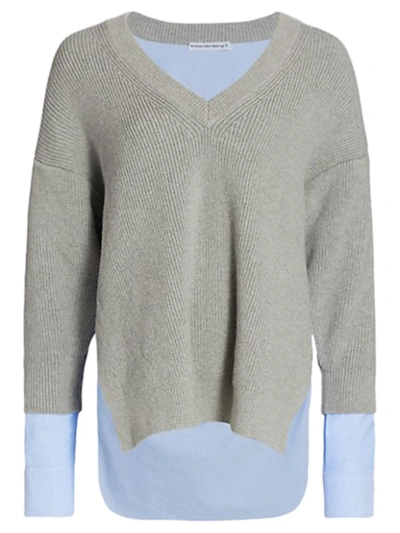 Shop Alexander Wang T Bi-layer V Neck Pullver With Oxford Shirting In Grey
