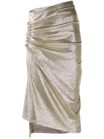 Shop Rabanne Ruched-detailing Asymmetric Midi Skirt In Gold