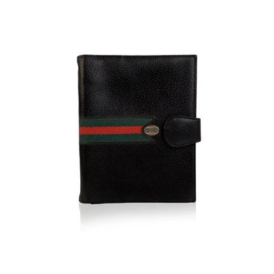 Pre-owned Gucci Vintage Black Leather 4 Ring Agenda Cover With Stripes