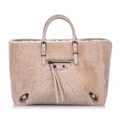 Pre-owned Balenciaga Shearling Papier A6 Fur Satchel In Neutrals