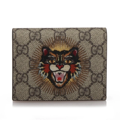 Shop Gucci Gg Supreme Angry Cat Card Holder In Grey