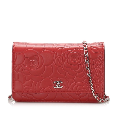 Pre-owned Chanel Camellia Lambskin Leather Wallet On Chain In Red
