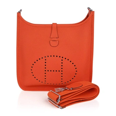 Pre-owned Hermes Evelyne Pm Bag H Orange Crossbody Clemence Leather Palladium Hardware In Red