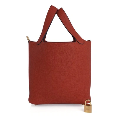 Pre-owned Hermes Picotin Lock 18 Bag Cuivre Tote Gold Hardware Clemence Leather In Red