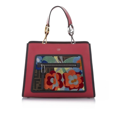 Shop Fendi Embroidered Runaway Leather Satchel In Red