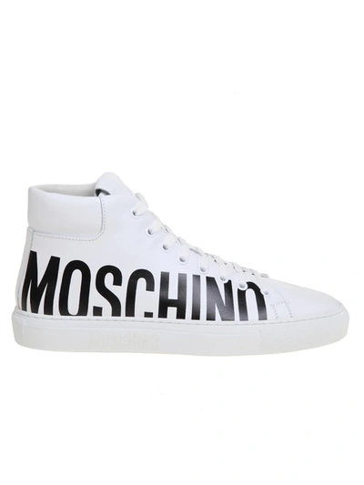 Shop Moschino White Leather Hi Top Sneakers