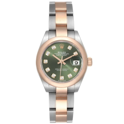 Shop Rolex Datejust Steel Rose Gold Olive Green Diamond Ladies Watch 279161 Box Card In Not Applicable