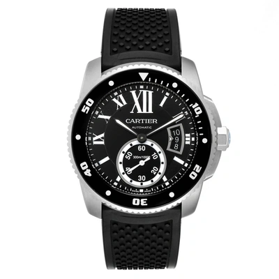 Shop Cartier Calibre Diver Black Rubber Strap Steel Mens Watch W7100056 Box Papers In Not Applicable