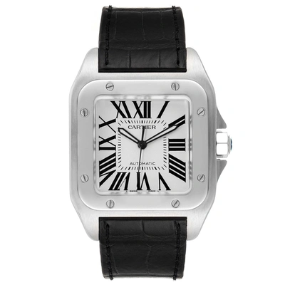 Shop Cartier Santos 100 Black Strap Steel Mens Watch W20073x8 Papers In Not Applicable