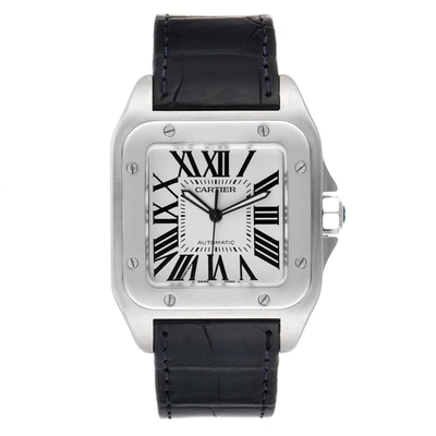 Shop Cartier Santos 100 Silver Dial Black Strap Steel Mens Watch W20073x8 In Not Applicable