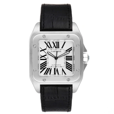Shop Cartier Santos 100 Silver Dial Black Strap Steel Mens Watch W20073x8 Box Papers In Not Applicable