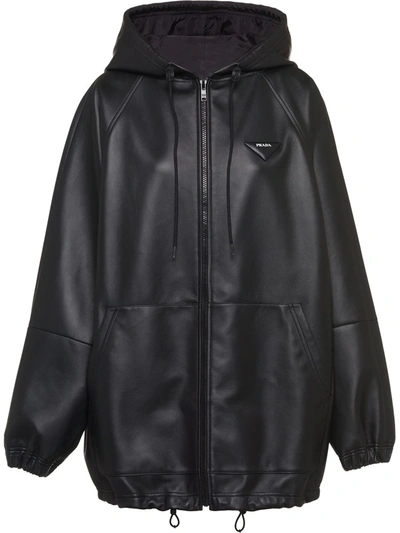 Shop Prada Hooded Leather Jacket In Black