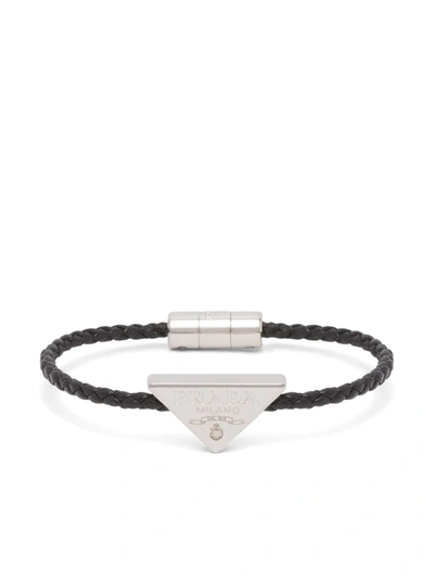 Shop Prada Triangle-logo Woven Bracelet In Black