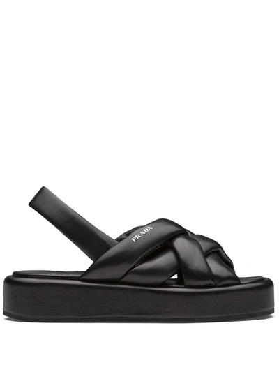 Shop Prada Woven Flatform Sandals In Black