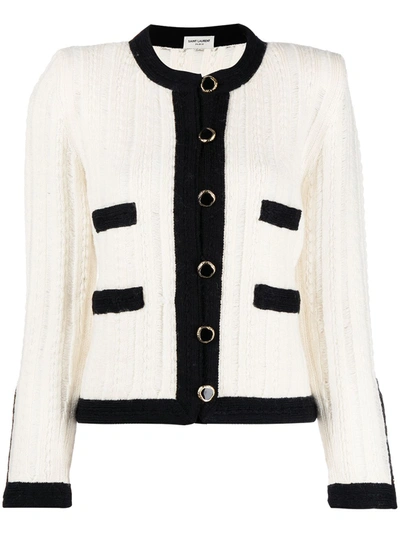 Shop Saint Laurent Contrast-trim Knitted Cardigan In White