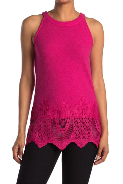 Shop Adrianna Papell Gauzy Crepe Crochet Trim Halter Top In Brigt Pink