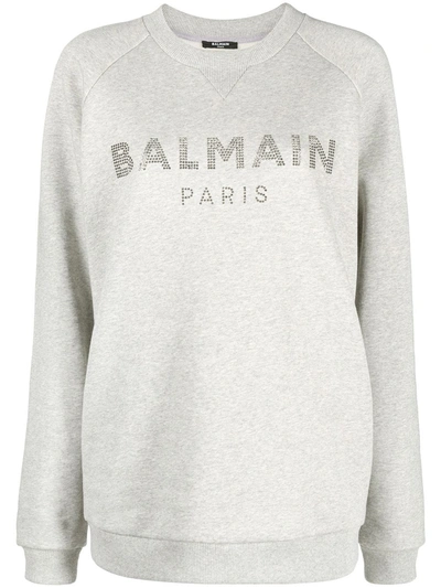 Shop Balmain Rhinestone-embellished Crew Neck Sweatshirt In Grey