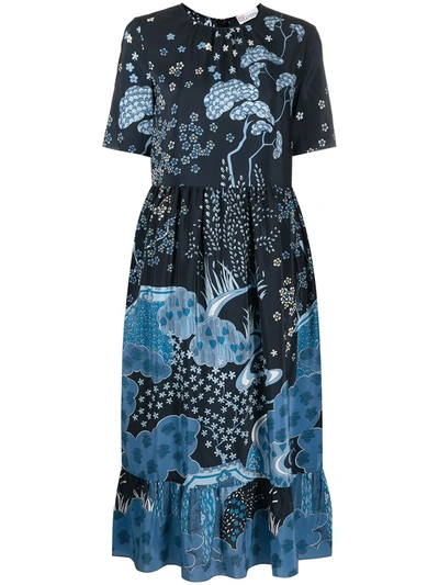 Shop Red Valentino Floral Midi Dress In Blue