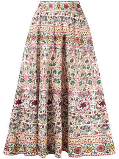 Shop Alice And Olivia High-rise Floral-print A-line Midi Skirt In Neutrals