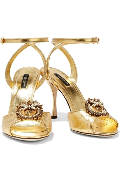 Shop Dolce & Gabbana Devotion Embellished Metallic Quilted Leather Sandals In Gold