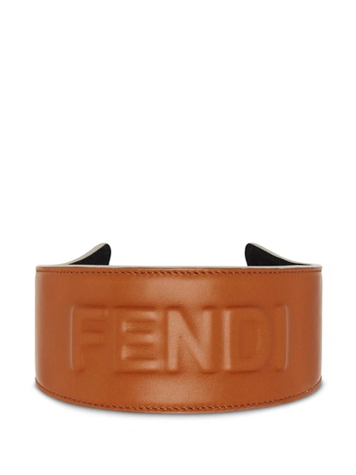 Shop Fendi Embossed Logo Headband In Brown