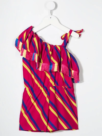 Msgm Teen One-shoulder Striped Playsuit In Pink
