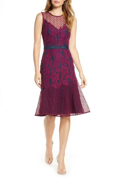 Shop Adelyn Rae Sonya Floral Lace Evening Midi Dress In Boysenberry/navy