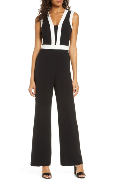 Shop Vince Camuto Colorblock Crepe Jumpsuit In Blk Khaki