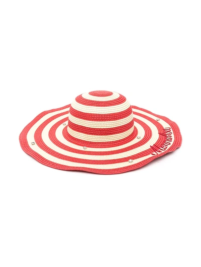Shop Monnalisa Crystal-embellished Striped Sun Hat In Red