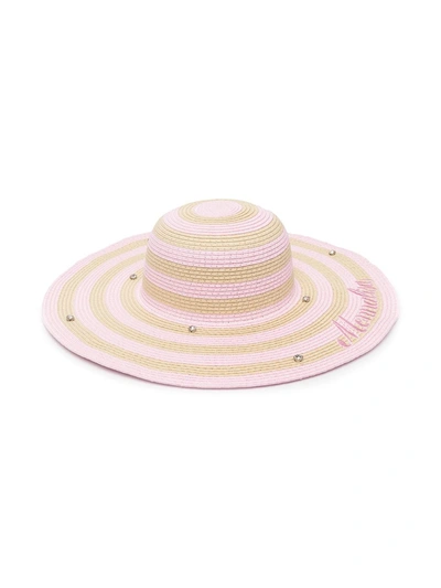 Shop Monnalisa Crystal-embellished Striped Sun Hat In Pink