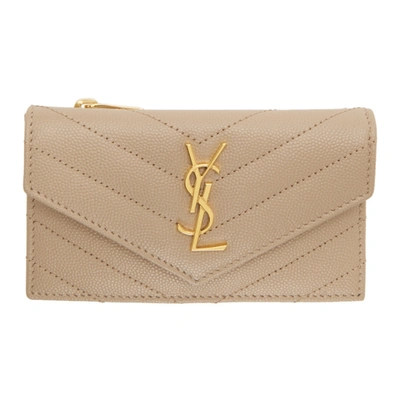 Shop Saint Laurent Beige Monogramme Fragments Flap Card Holder In 2721 Dkbeig