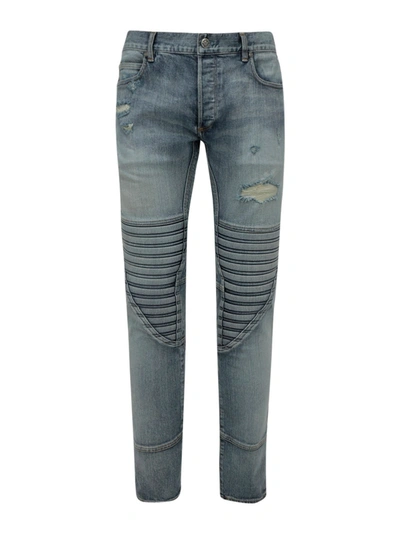 Shop Balmain Distressed Skinny Jeans In Medium Wash