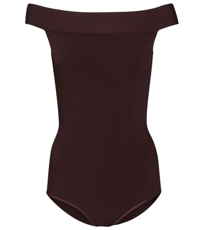 Shop Alaïa Off-shoulder Bodysuit In Brown