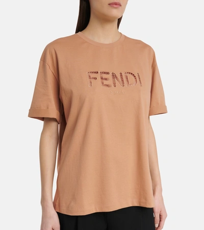 Shop Fendi Logo Embroidered Cotton T-shirt In Pink